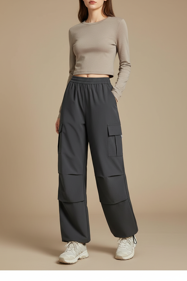 Pantalon Randonnée Gris Cargo Ample Femme Décontracté - Polyester