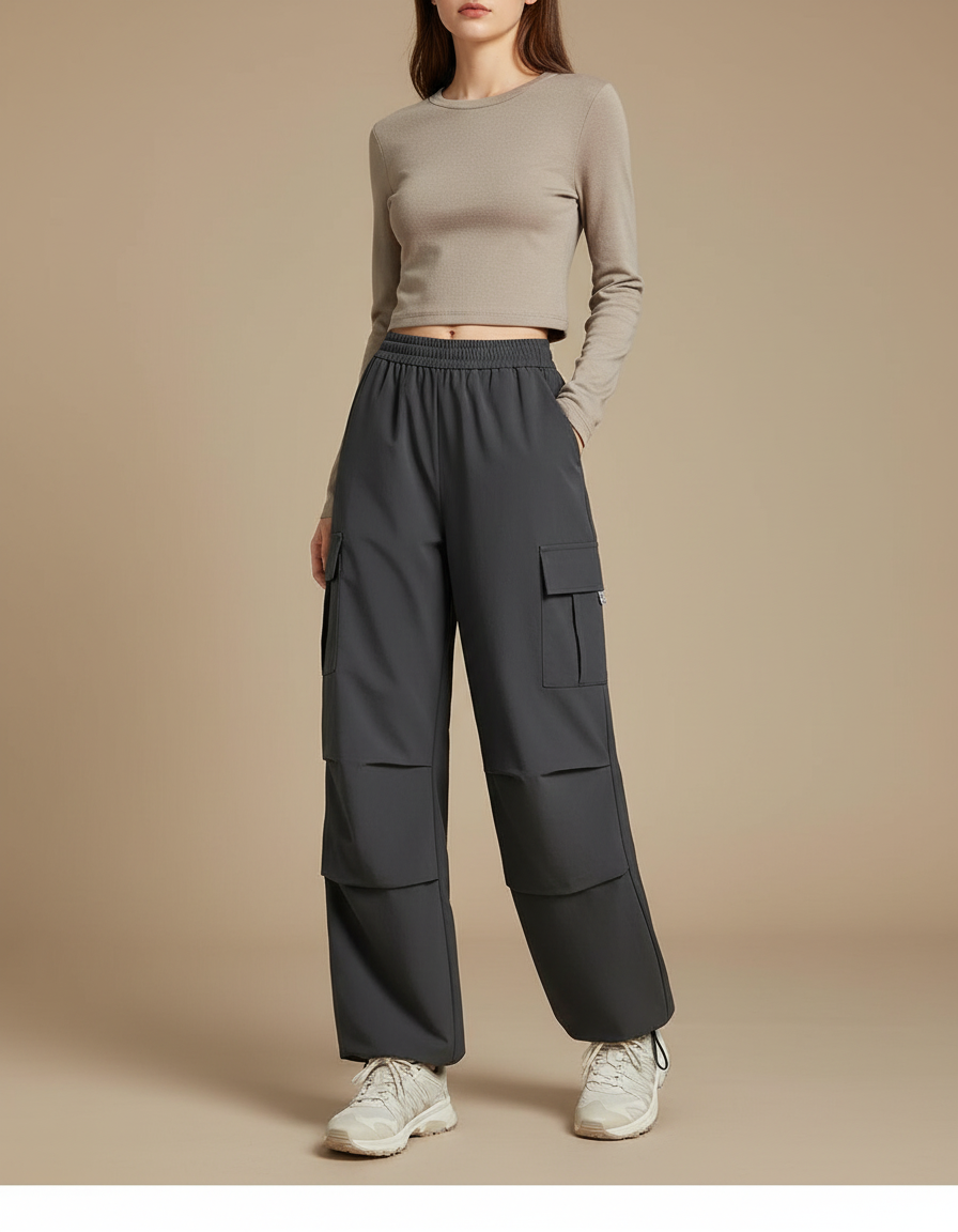 Pantalon Randonnée Gris Cargo Ample Femme Décontracté - Polyester