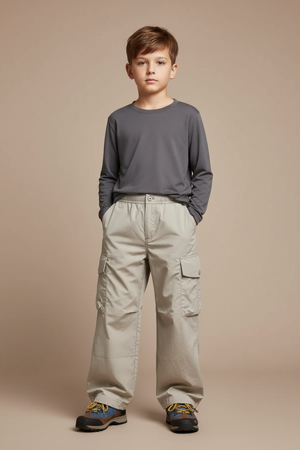 Pantalon Randonnée Beige Cargo Ample Enfant Coton