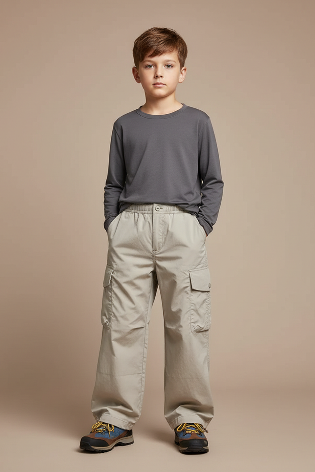 Pantalon Randonnée Beige Cargo Ample Enfant Coton