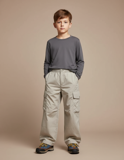 Pantalon Randonnée Beige Cargo Ample Enfant Coton