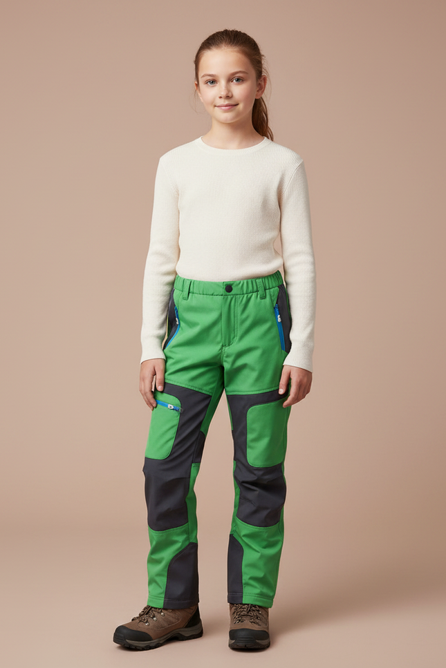 Pantalon Randonnée Enfant Vert Imperméable Softshell Chaud - Polyester