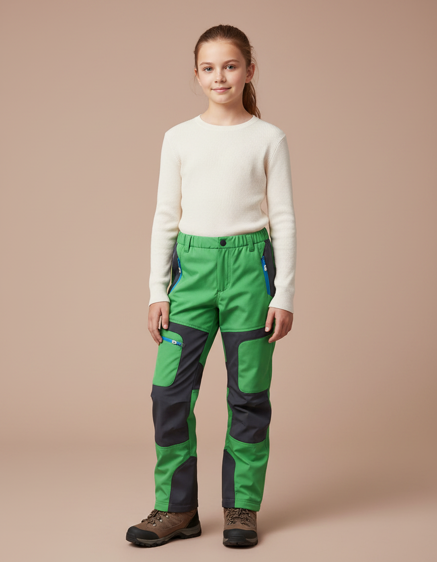 Pantalon Randonnée Enfant Vert Imperméable Softshell Chaud - Polyester