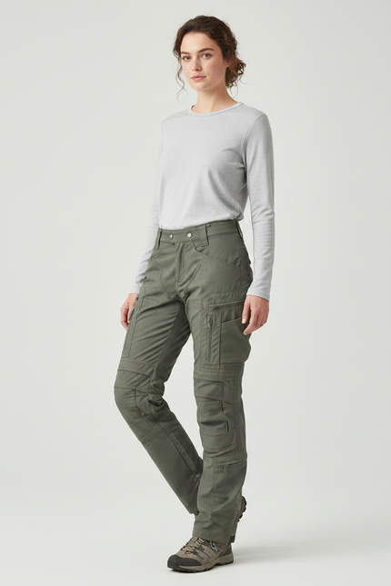 Pantalon Randonnée Vert Cargo Tactique Femme Multipoches - Kaki Toile