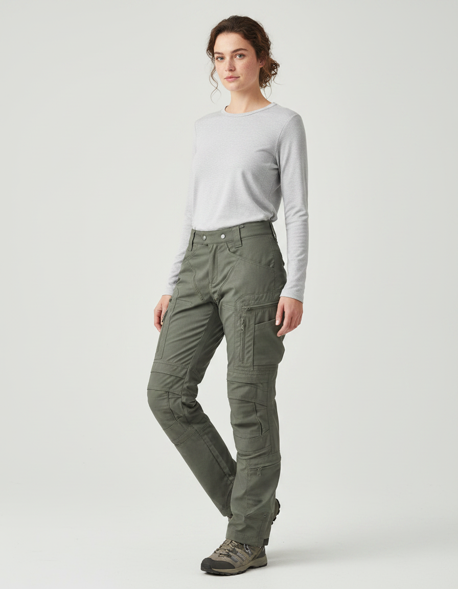 Pantalon Randonnée Vert Cargo Tactique Femme Multipoches - Kaki Toile