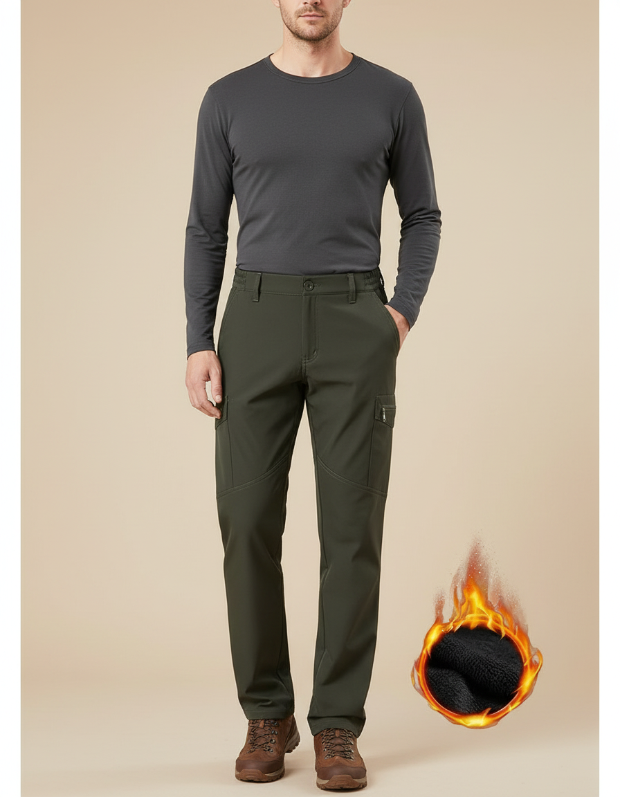 Pantalon Randonnée Homme Cargo Polaire Chaud Vert - Kaki Polyester