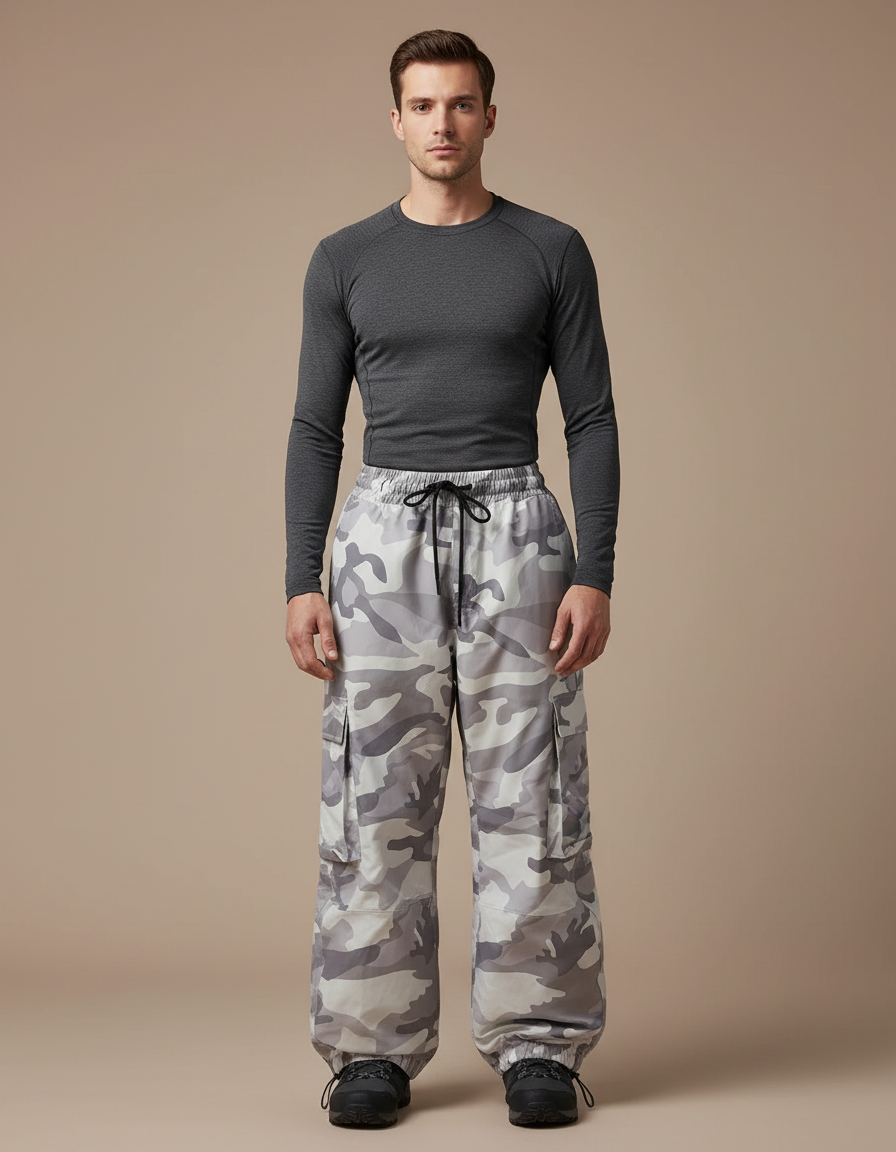 Pantalon Randonnée Camouflage Gris Ample Imperméable Homme - Imprimé Polyester