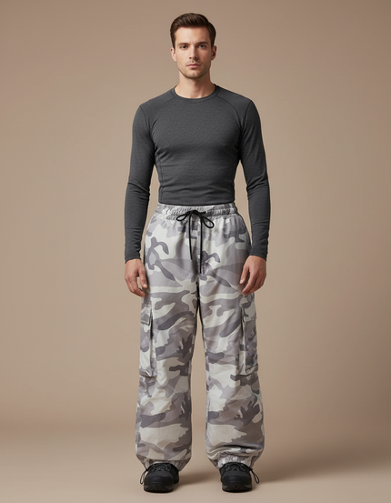 Pantalon Randonnée Camouflage Gris Ample Imperméable Homme - Imprimé Polyester