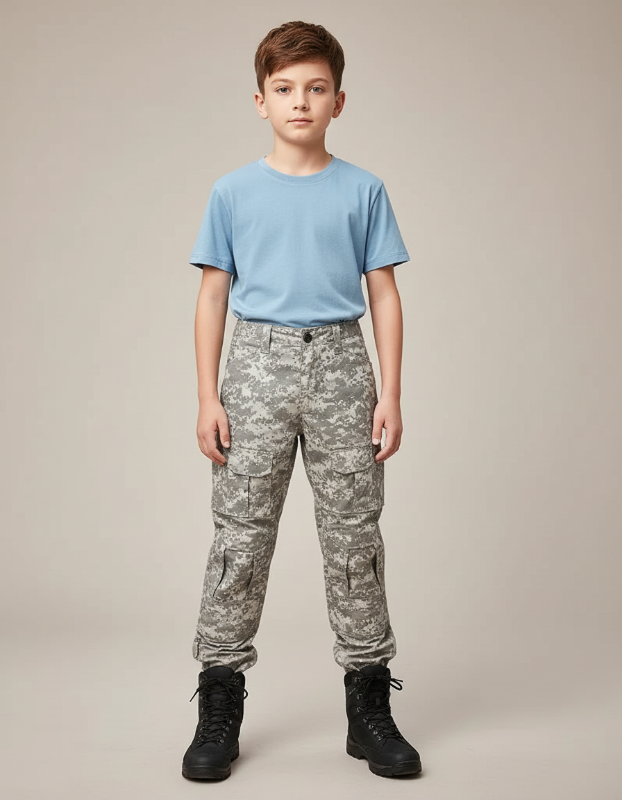 Pantalon Randonnée Camouflage Gris Cargo Multipoches Enfant - Toile