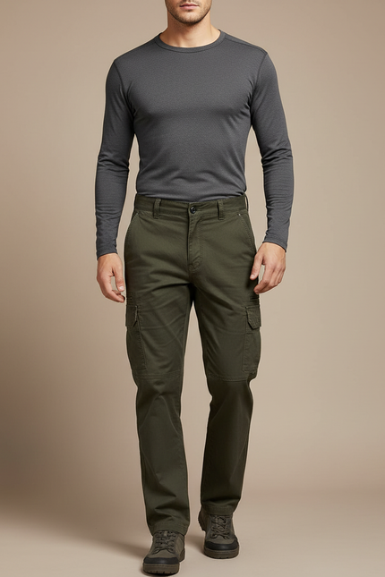 Pantalon Randonnée Kaki Homme Cargo Coton Droit - Toile