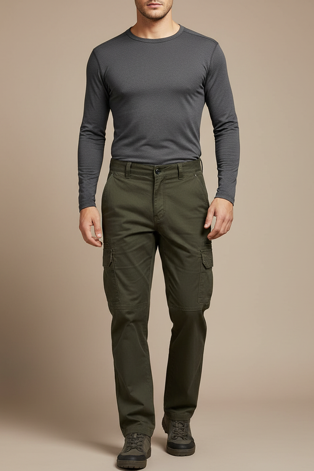 Pantalon Randonnée Kaki Homme Cargo Coton Droit - Toile