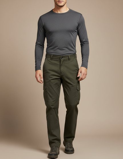 Pantalon Randonnée Kaki Homme Cargo Coton Droit - Toile