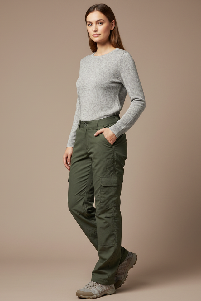 Pantalon Randonnée Kaki Cargo Droit Multipoches Femme - Polyester