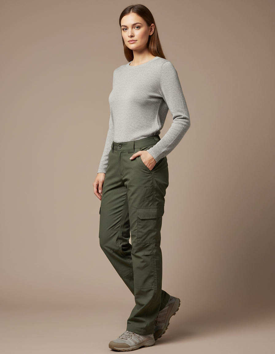 Pantalon Randonnée Kaki Cargo Droit Multipoches Femme - Polyester
