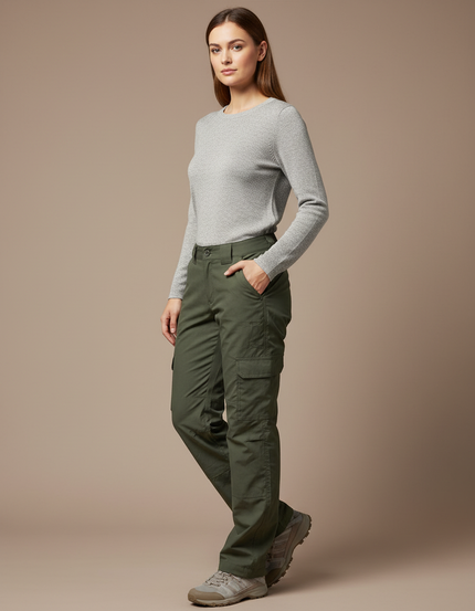 Pantalon Randonnée Kaki Cargo Droit Multipoches Femme - Polyester