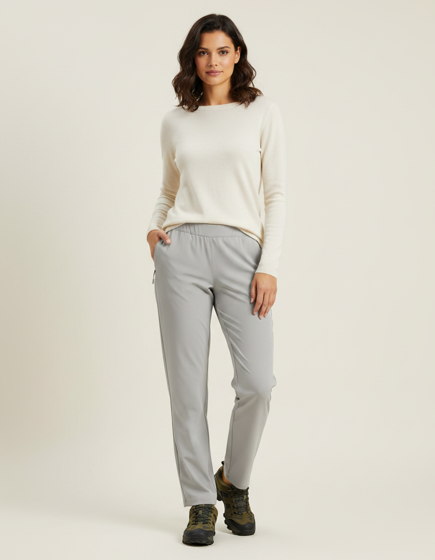 Pantalon Randonnée Femme Gris Clair Léger Élastique - Polyester