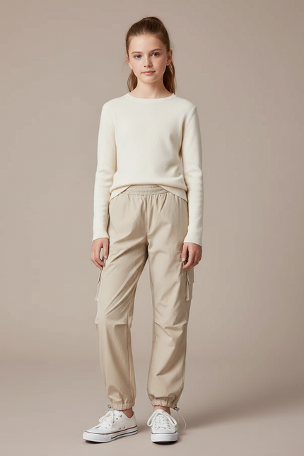 Pantalon Randonnée Beige Cargo Ample Cordon Fille - Polyester