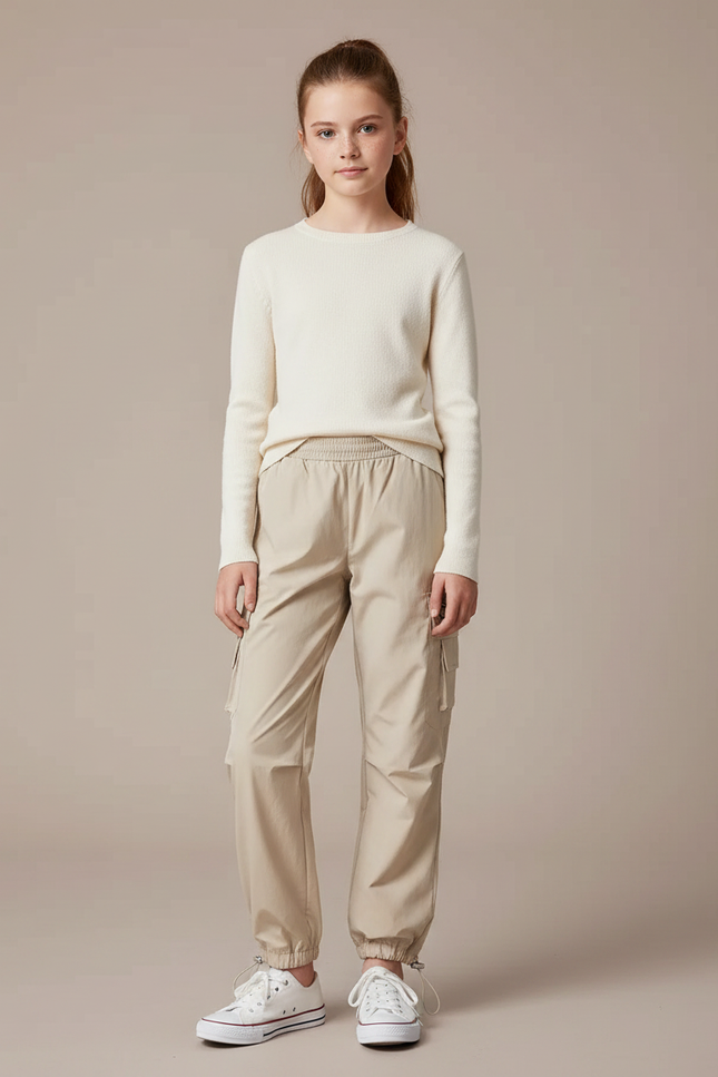 Pantalon Randonnée Beige Cargo Ample Cordon Fille - Polyester