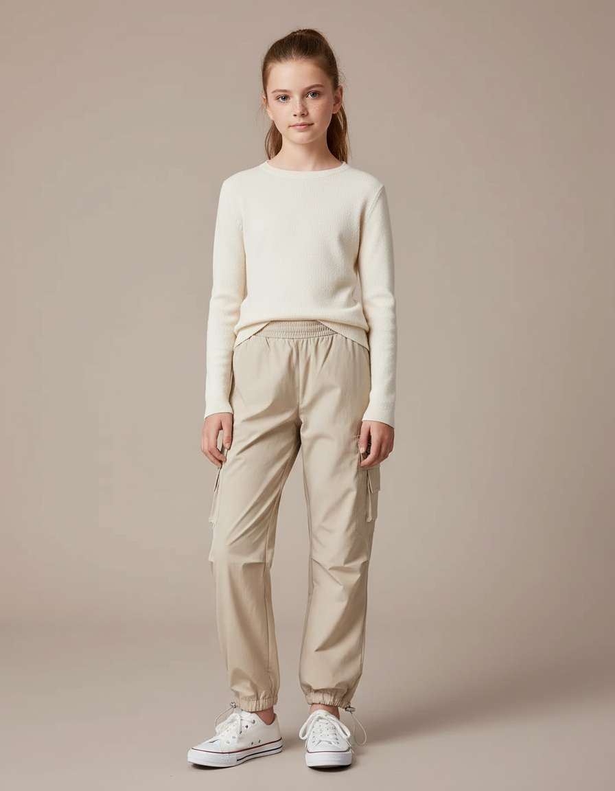 Pantalon Randonnée Beige Cargo Ample Cordon Fille - Polyester
