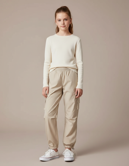 Pantalon Randonnée Beige Cargo Ample Cordon Fille - Polyester