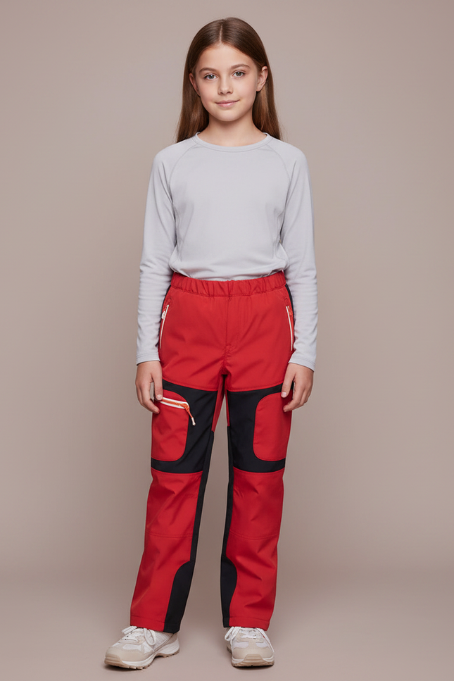 Pantalon Randonnée Enfant Rouge Noir Imperméable Softshell - Polyester