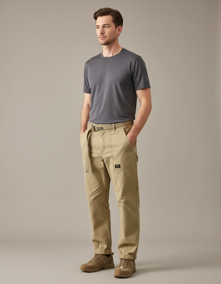 Pantalon Randonnée Kaki Coton Ample Décontracté Homme