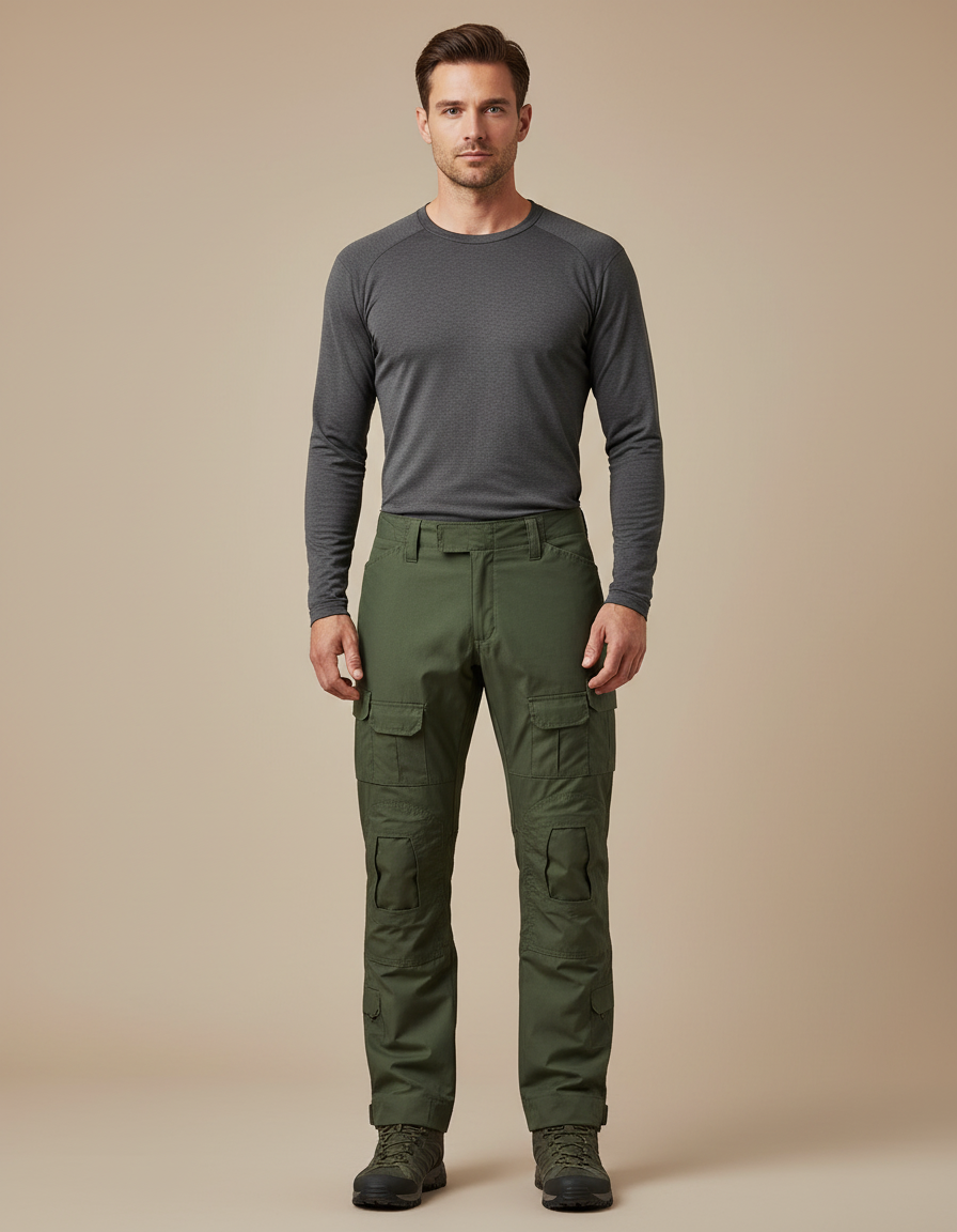 Pantalon Randonnée Cargo Vert Multipoches Homme Tactique - Polyester