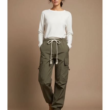 Pantalon Randonnée Kaki Cargo Ample Imperméable Femme - Polyester