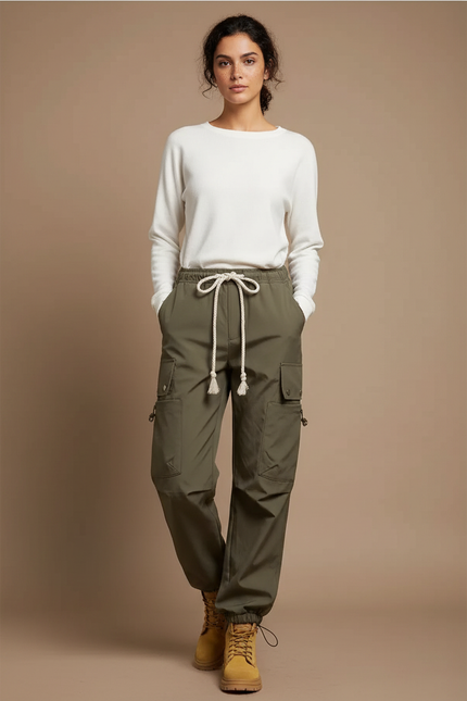 Pantalon Randonnée Kaki Cargo Ample Imperméable Femme - Polyester