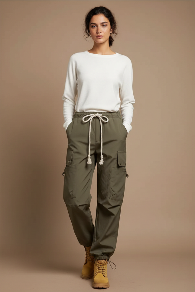 Pantalon Randonnée Kaki Cargo Ample Imperméable Femme - Polyester