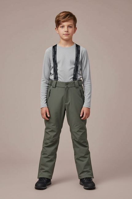 Pantalon Randonnée Kaki Enfant Imperméable Bretelles Chaud - Polyester
