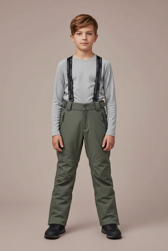 Pantalon Randonnée Kaki Enfant Imperméable Bretelles Chaud - Polyester