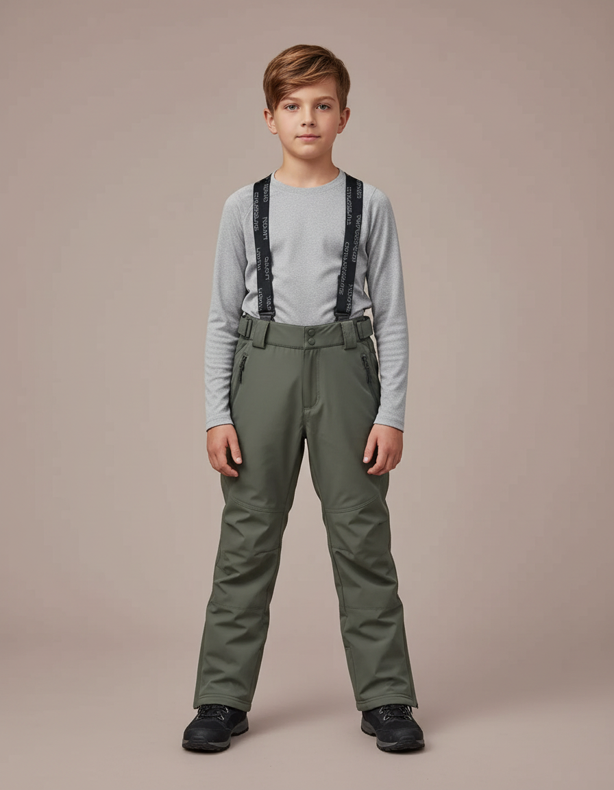 Pantalon Randonnée Kaki Enfant Imperméable Bretelles Chaud - Polyester