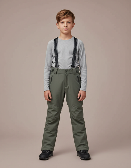 Pantalon Randonnée Kaki Enfant Imperméable Bretelles Chaud - Polyester