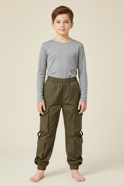 Pantalon Randonnée Kaki Cargo Ample Coton Enfant