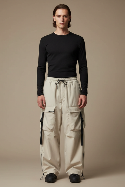 Pantalon Randonnée Beige Cargo Ample Multi-poches Décontracté Homme - Polyester