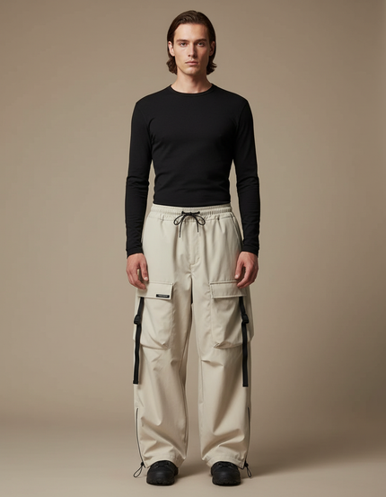 Pantalon Randonnée Beige Cargo Ample Multi-poches Décontracté Homme - Polyester