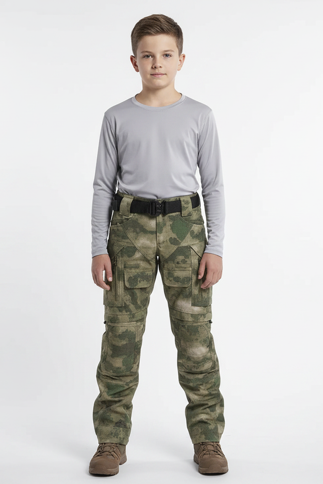 Pantalon Randonnée Camouflage Vert Multipoches Tactique Enfant - Polyester