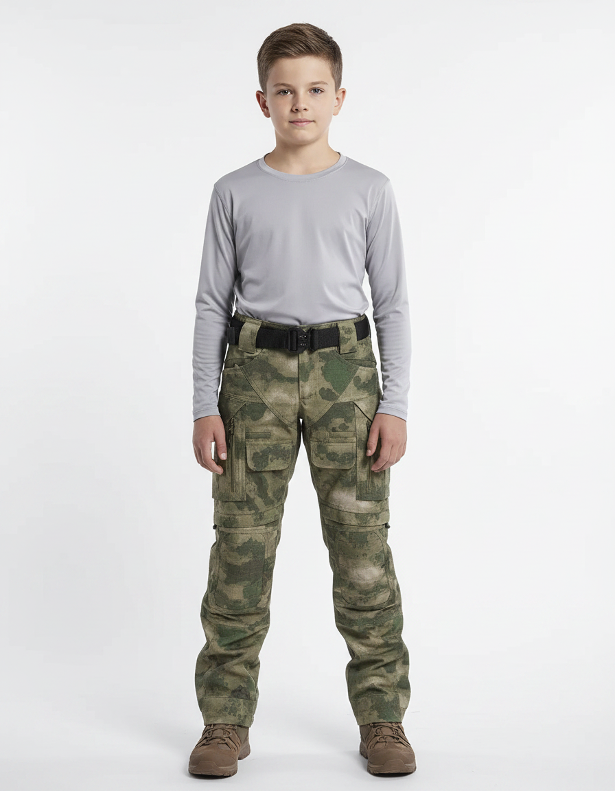 Pantalon Randonnée Camouflage Vert Multipoches Tactique Enfant - Polyester