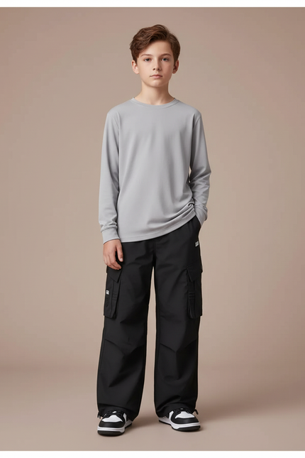 Pantalon Randonnée Noir Cargo Ample Enfant Coton