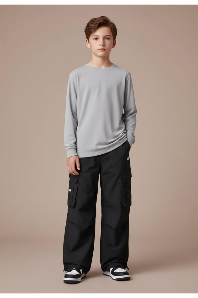 Pantalon Randonnée Noir Cargo Ample Enfant Coton