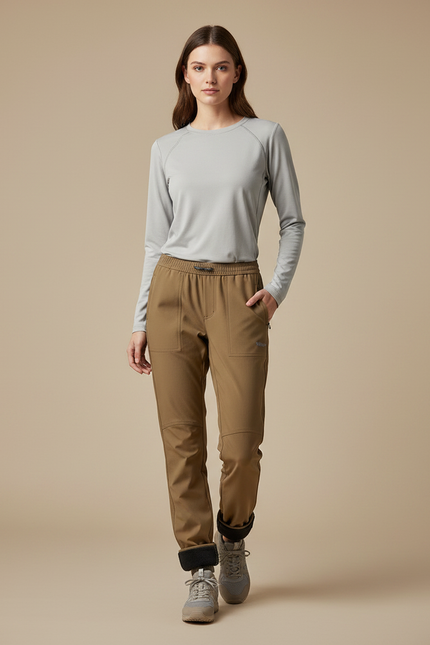 Pantalon Randonnée Marron Doublé Polaire Femme Chaud - Polyester