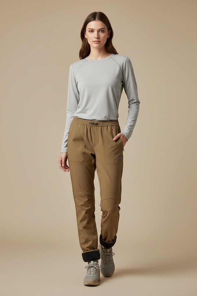 Pantalon Randonnée Marron Doublé Polaire Femme Chaud - Polyester
