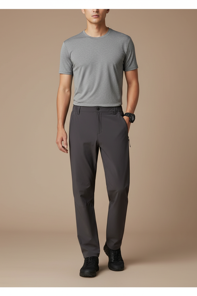 Pantalon Randonnée Gris Anthracite Coupe Droite Élastique - Polyester