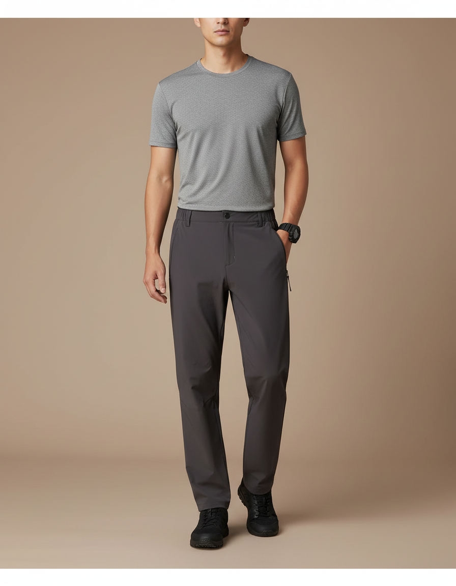 Pantalon Randonnée Gris Anthracite Coupe Droite Élastique - Polyester