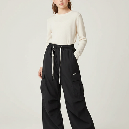 Pantalon Randonnée Noir Ample Cargo Décontracté Femme - Polyester