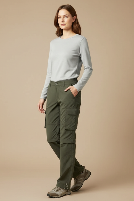 Pantalon Randonnée Vert Cargo Ample Convertible Femme - Kaki Polyester