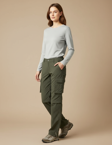 Pantalon Randonnée Vert Cargo Ample Convertible Femme - Kaki Polyester