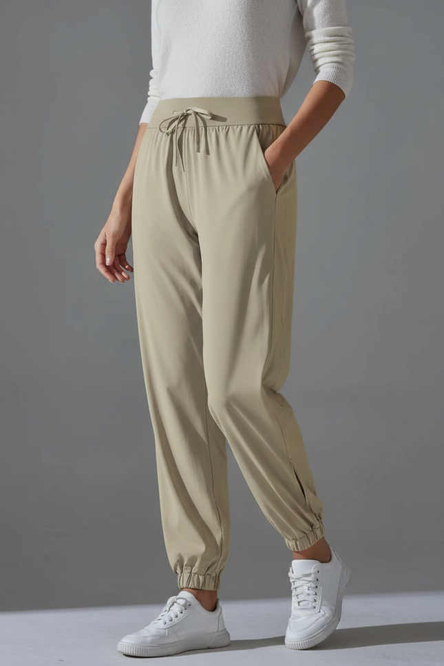 Pantalon Randonnée Beige Fluide Cordon Chevilles Élastiquées - Polyester