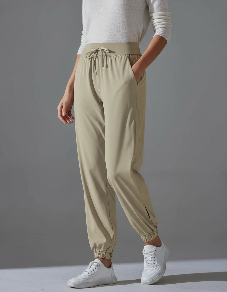 Pantalon Randonnée Beige Fluide Cordon Chevilles Élastiquées - Polyester